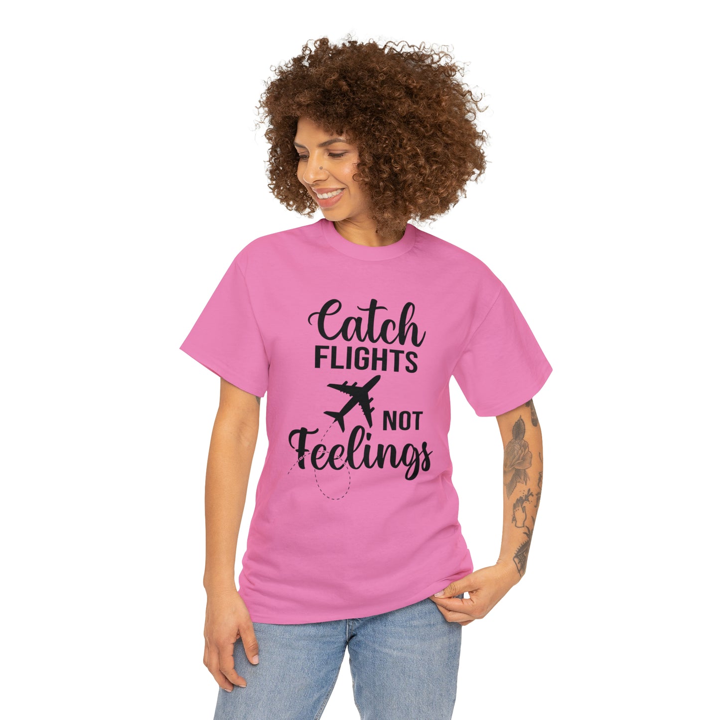 Catch Flights Not Feelings Unisex Heavy Cotton Tee - Black Letters